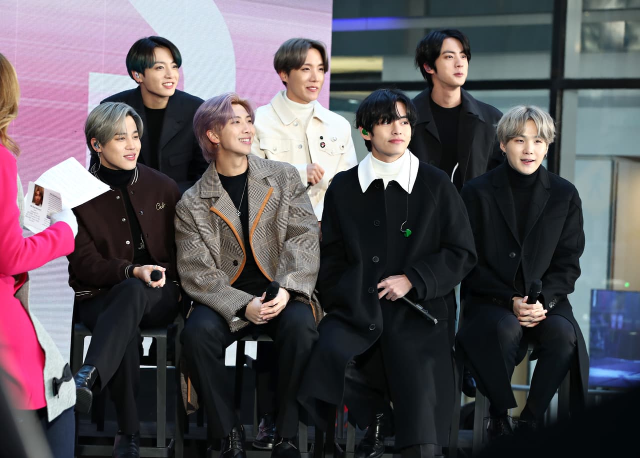 NEW YORK, NEW YORK - FEBRUARY 21: (L-R) Jimin, Jungkook, RM, J-Hope, V, Jin, and SUGA of the K-pop boy band BTS visit the "Today" Show at Rockefeller Plaza on February 21, 2020 in New York City. (Photo by Cindy Ord/WireImage)