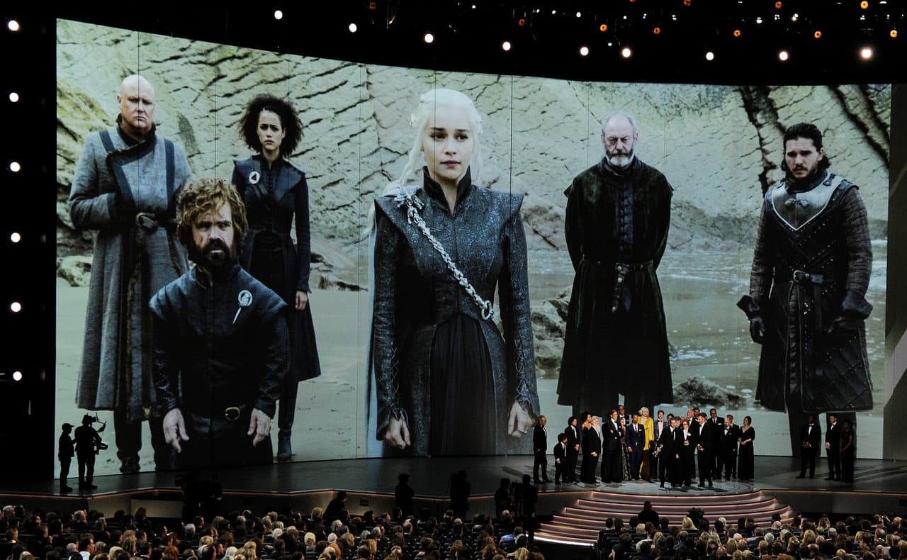 "Game of Thrones" cast and crew members accept the Emmy Award for Best Drama onstage at the 70th Primetime Emmy Awards, Monday, Sept. 17, 2018, at the Microsoft Theatre in Los Angeles. (Photo by Chris Pizzello/Invision/AP)