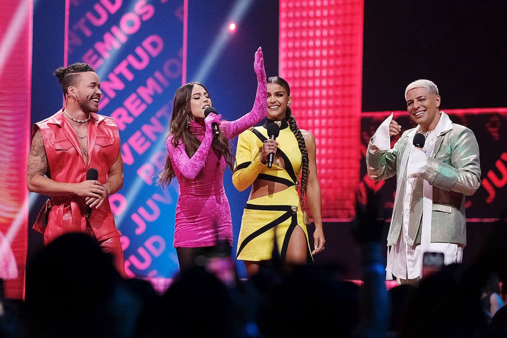 SAN JUAN, PUERTO RICO - JULY 21: (L-R) Prince Royce, Danna Paola, Clarissa Molina, and Eduin Cazares speak onstage during Premios Juventud 2022 at Coliseo de Puerto Rico José Miguel Agrelot on July 21, 2022 in San Juan, Puerto Rico. (Photo by Jose R. Madera/Getty Images)