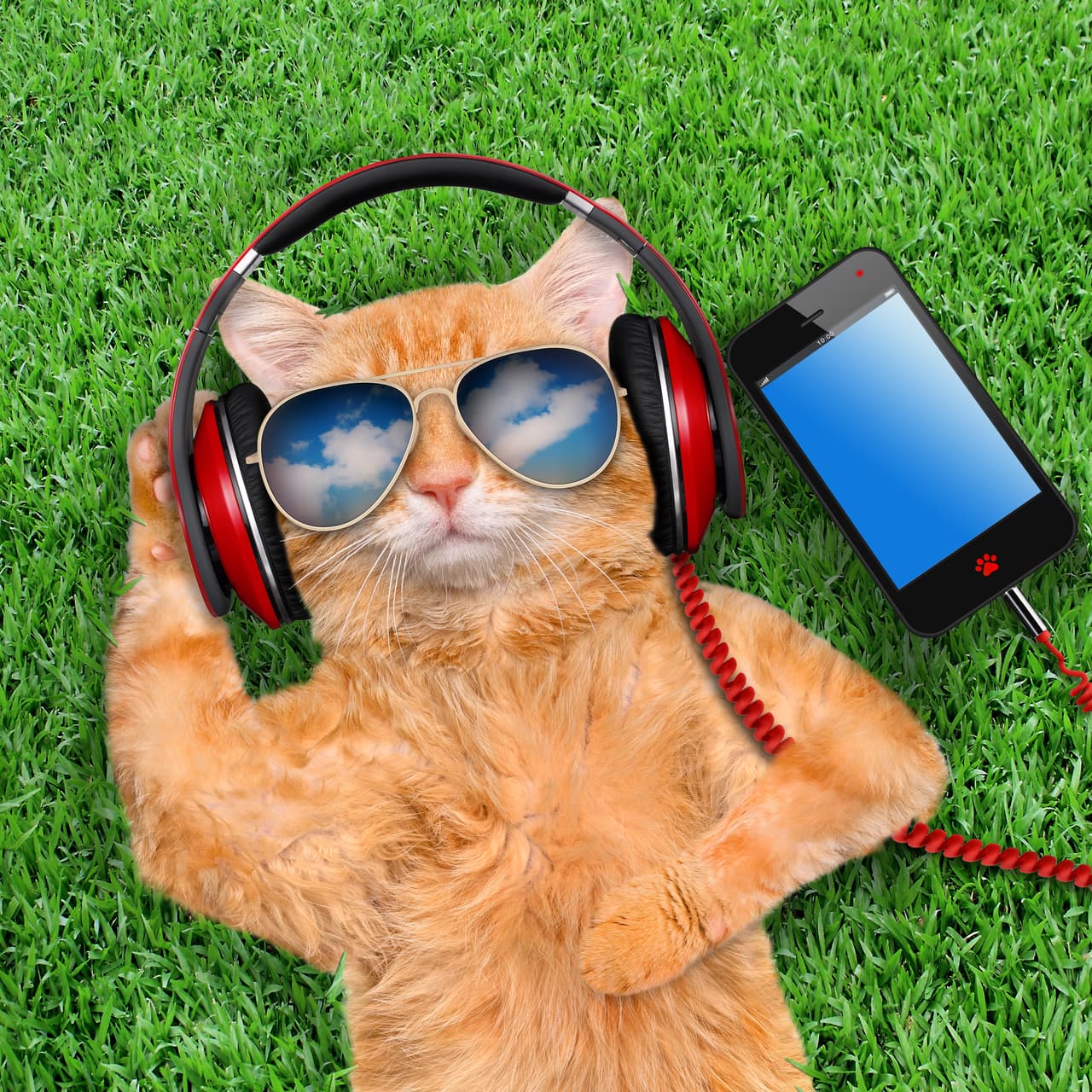 Cat headphones wearing sunglasses relaxing in the grass.