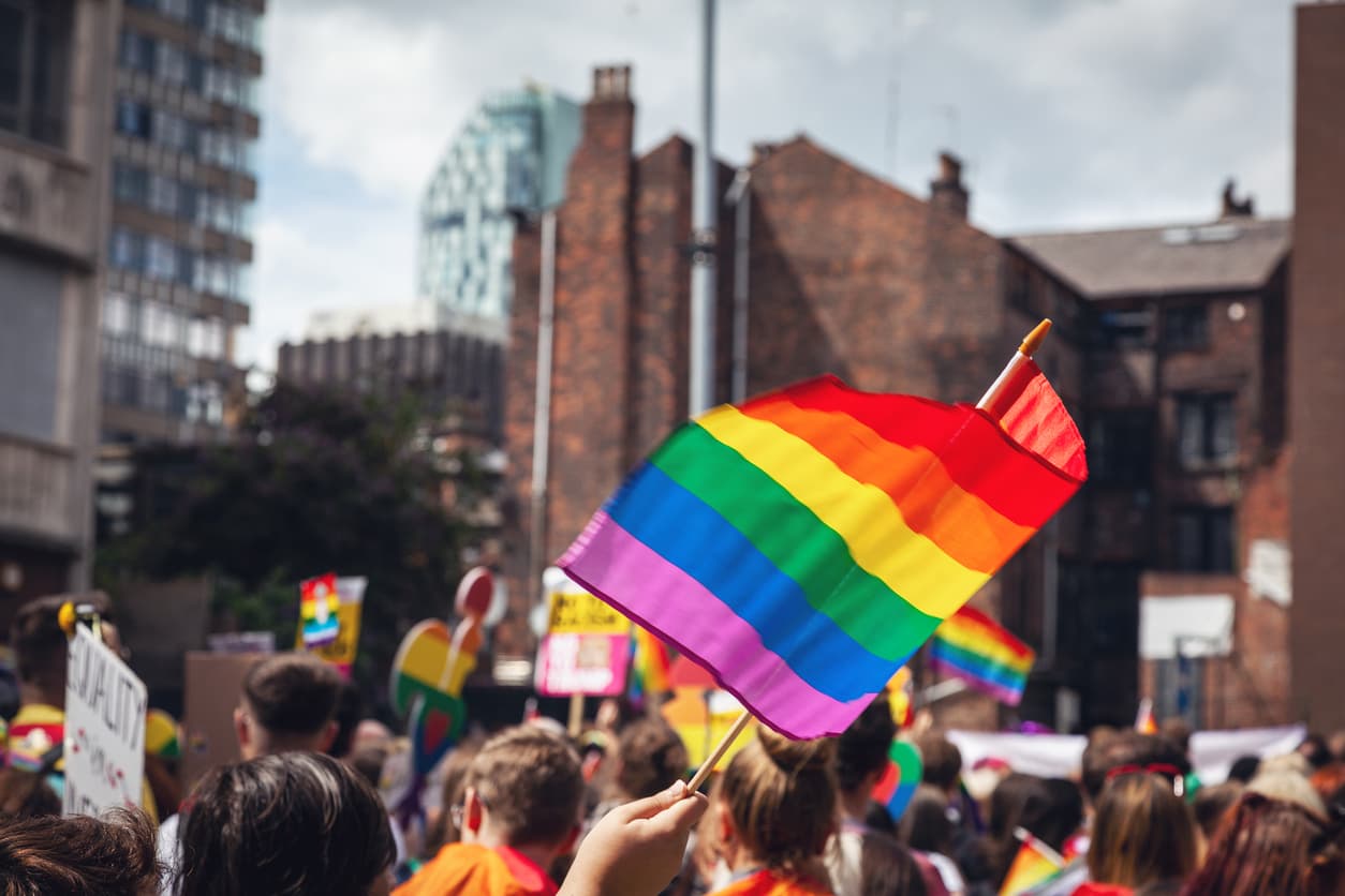 Pride parade flags with beautiful rainbow colors