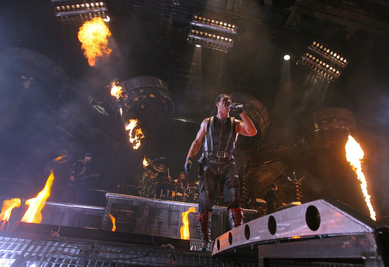 Till Lindemann of Rammstein performs in Moscow's Olympiisky concert hall, Sunday Feb. 28, 2010. (AP Photo)