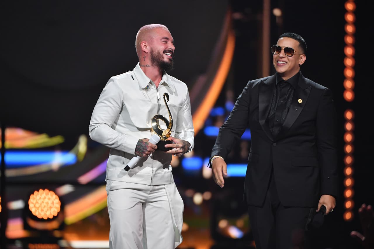 MIAMI, FLORIDA - FEBRUARY 20: J Balvin and Daddy Yankee on stage during Univision's Premio Lo Nuestro 2020 at AmericanAirlines Arena on February 20, 2020 in Miami, Florida. (Photo by Jason Koerner/Getty Images)