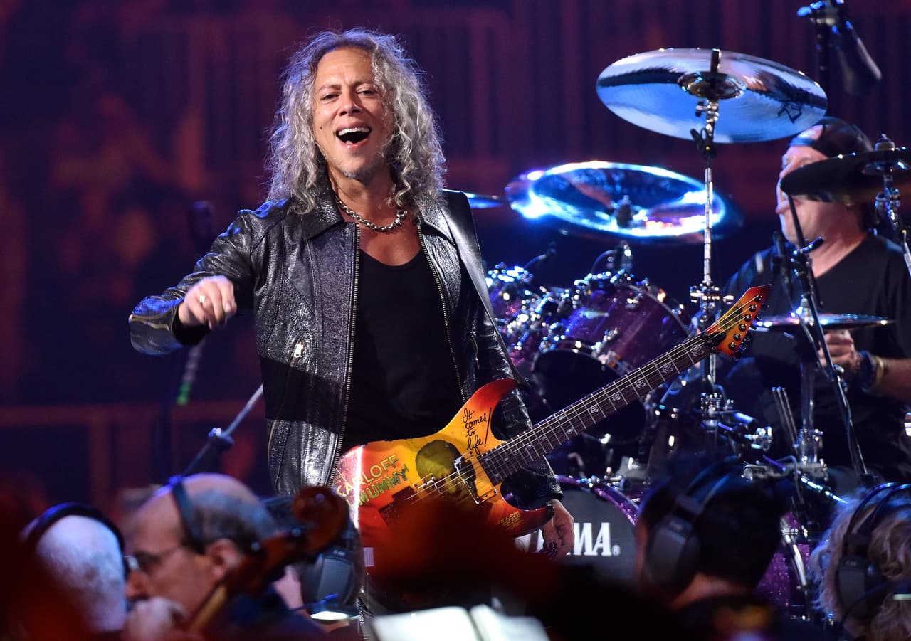 SAN FRANCISCO, CALIFORNIA - SEPTEMBER 06: Kirk Hammett (L) and Lars Ulrich of Metallica perform during the "S&M2" concerts at the opening night at Chase Center on September 06, 2019 in San Francisco, California. (Photo by Tim Mosenfelder/Getty Images)