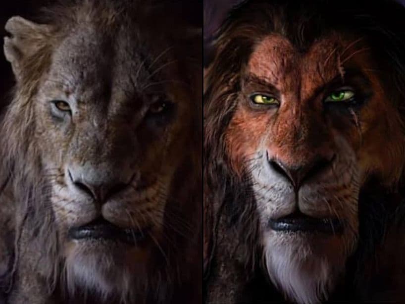 A Scar le colocaron una melena negra, hicieron su pelaje naranja y remarcaron su cicatriz. En la nueva versión no tiene una melena negra.