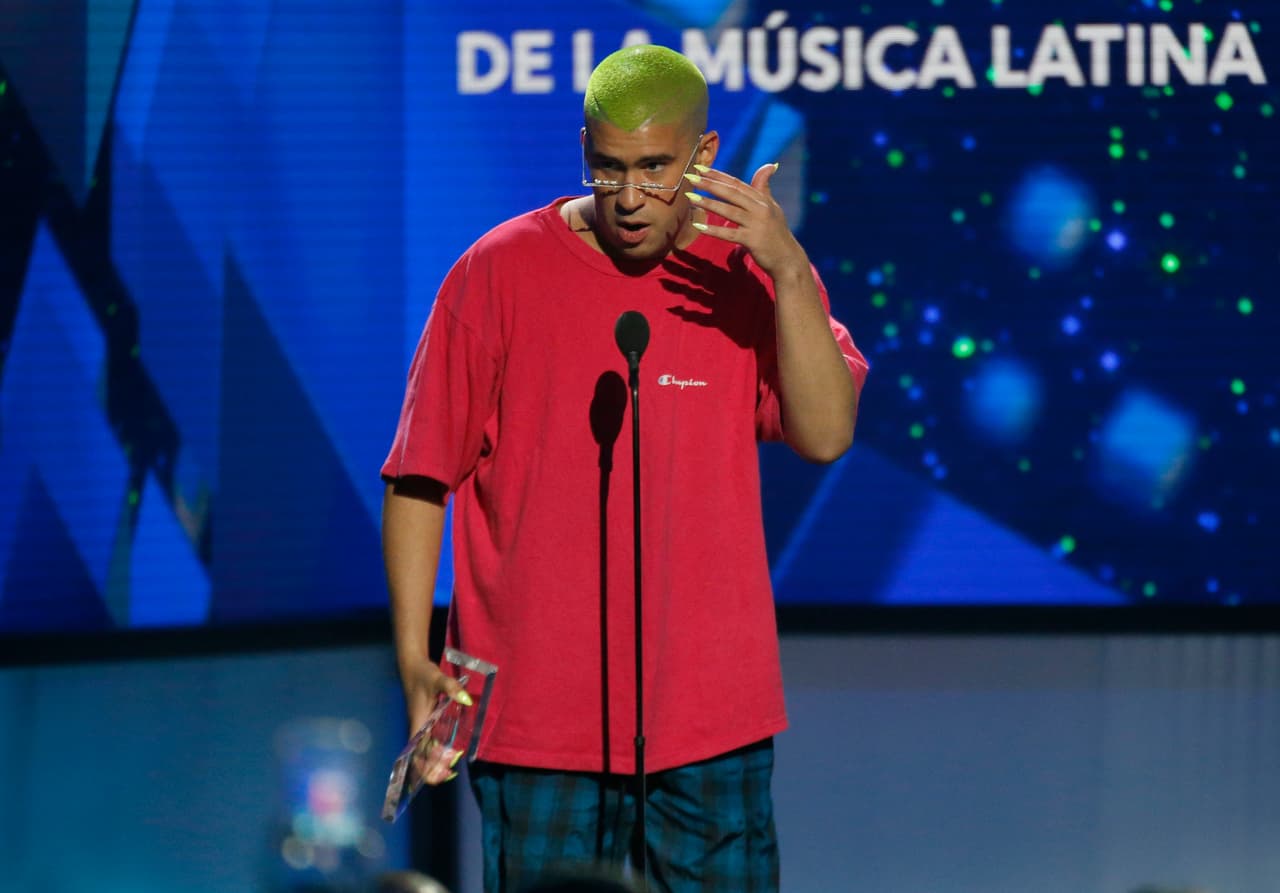 Bad Bunny accepts the award for social artist of the year at the Billboard Latin Music Awards on Thursday, April 25, 2019, at the Mandalay Bay Events Center in Las Vegas. (Photo by Eric Jamison/Invision/AP)