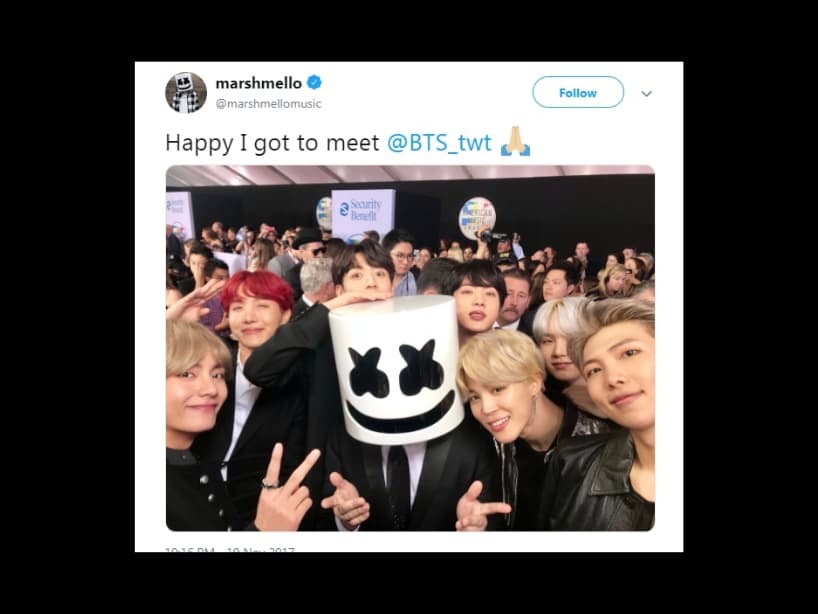 El productor de éxitos como &quot;Happier&quot;, conoció y se tomó una foto con BTS en los American Music Awards 2017.