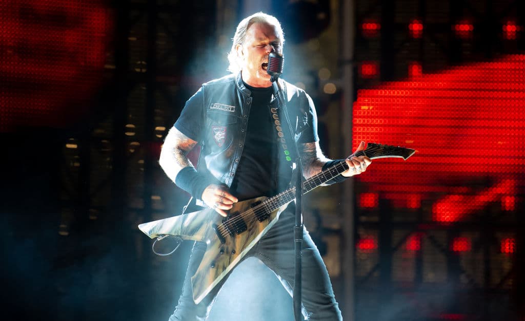 23 August 2019, Bavaria, Munich: James Hetfield, front singer of the US metal band Metallica, stands on stage in the Olympic Stadium. The band performs as part of their "World-Wired-Tour". Photo: Sven Hoppe/dpa (Photo by Sven Hoppe/picture alliance via Getty Images)