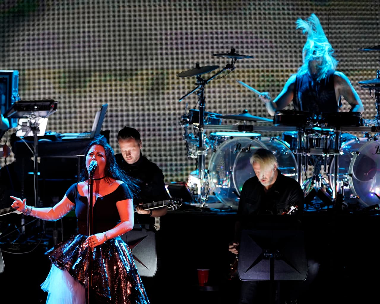 The American gothic rock band Evanescence with front woman Amy Lee and drummer Will Hunt performs at the Xfinity Center, Wednesday, July 18, 2018, in Mansfield, Mass.. (Photo by Robert E. Klein/Invision/AP)