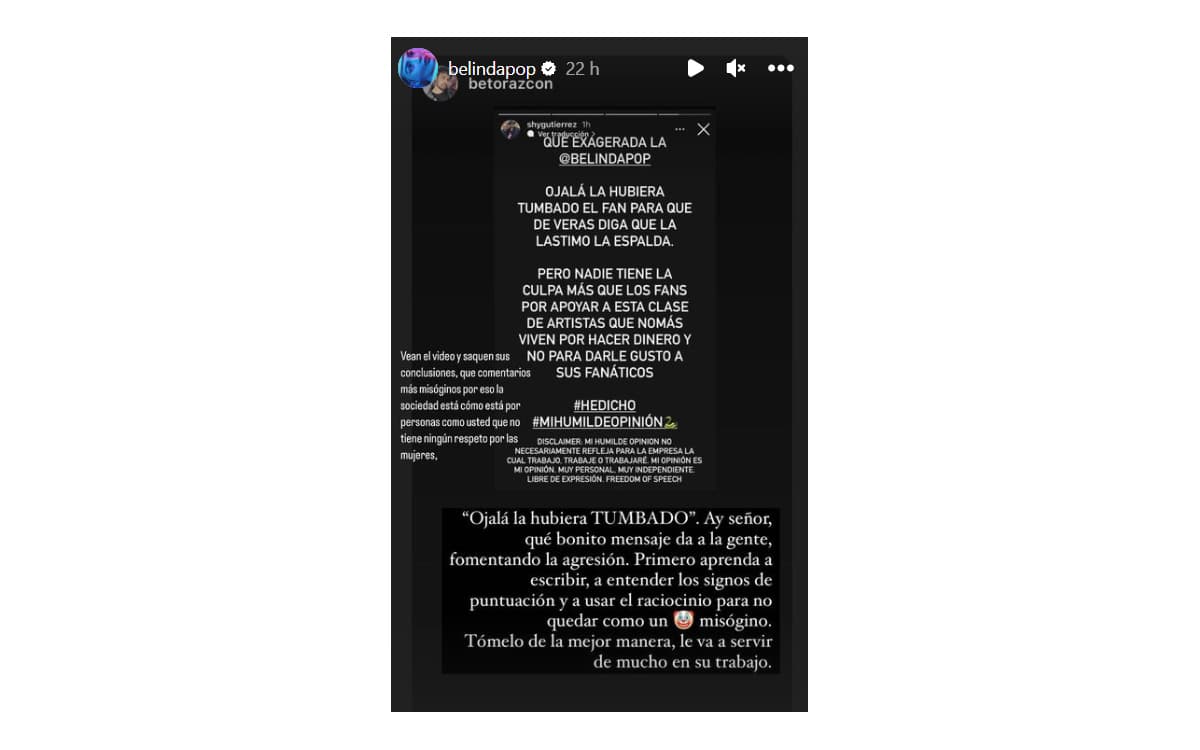 Belinda compartió una de las críticas que recibió