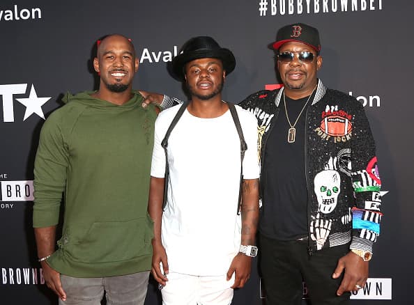 HOLLYWOOD, CA - AUGUST 29: (L-R) Landon Brown, Bobby Brown Jr., and Bobby Brown arrive at the premiere screening of "The Bobby Brown Story" presented by BET and Toyota at Paramount Theater on the Paramount Studios lot on August 29, 2018 in Hollywood, California. (Photo by Maury Phillips/Getty Images for BET)