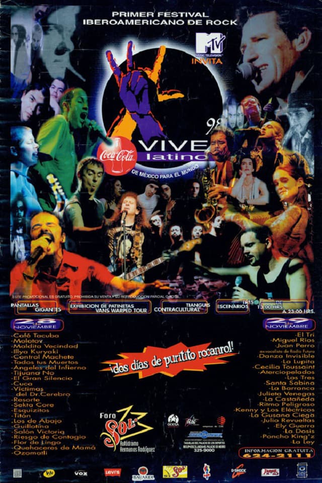 Empezamos el recorrido por el tiempo a través de los carteles del Vive Latino con el primer diseño que se sacó en 1998. Se considera este año como uno de los mejores en toda la historia del festiva por el gran número de músicos en un mismo escenario por primera vez.