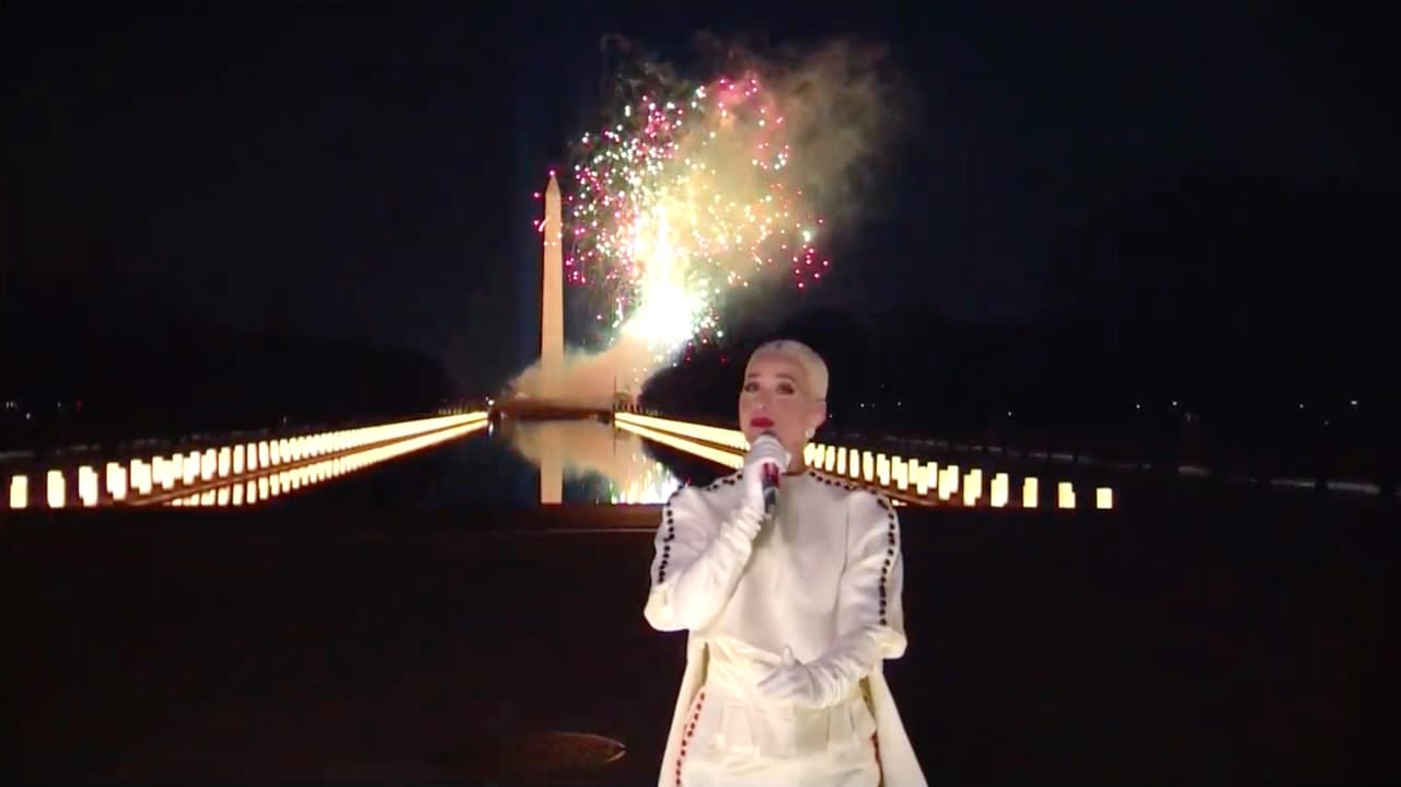 UNSPECIFIED - JANUARY 20: In this screengrab, Katy Perry performs during the Celebrating America Primetime Special on January 20, 2021. The livestream event hosted by Tom Hanks features remarks by president-elect Joe Biden and vice president-elect Kamala Harris and performances representing diverse American talent. (Photo by Handout/Biden Inaugural Committee via Getty Images )