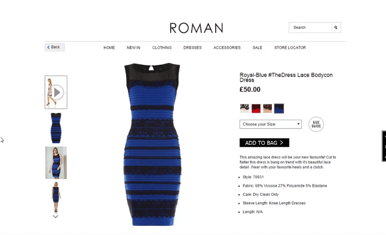 El vestido que, en realidad es azul con negro, parece cambiar de color gracias a un fenómeno de descomposición de luz, que debido al tono de la iluminación del lugar, el color que rebota y es absorbido por nuestros ojos, haciéndolo distinto al original.