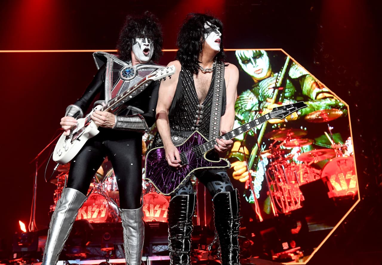 LOS ANGELES, CALIFORNIA - MARCH 04: Tommy Thayer and Paul Stanley of Kiss perform onstage at Staples Center on March 04, 2020 in Los Angeles, California. (Photo by Kevin Winter/Getty Images for ABA)