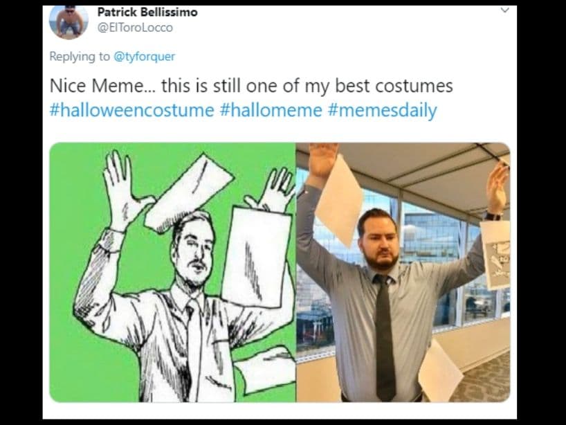 Hacer un disfraz de Halloween no tiene que ser caro o difícil. Simplemente, puedes tomar tu meme favorito, conseguir unas hojas y listo.