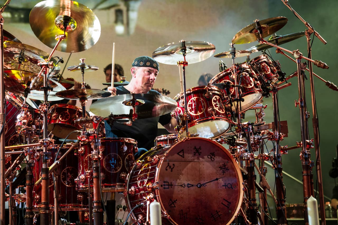 Neil Peart of Rush performs at Riverbend Music Center on July 2, 2013, in Cincinnati. (Photo by Amy Harris/Invision/AP)