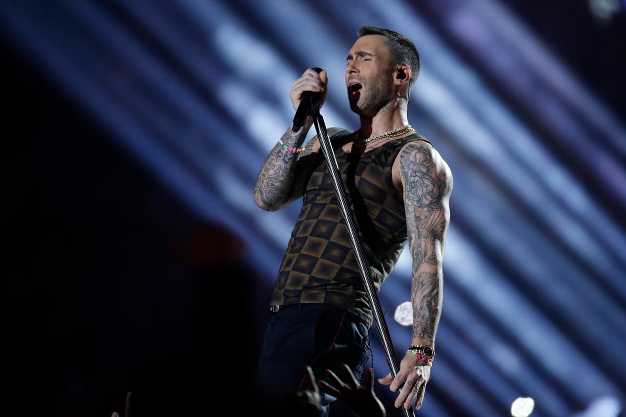 Adam Levine of Maroon 5 performs during halftime of the NFL Super Bowl 53 football game between the Los Angeles Rams and the New England Patriots Sunday, Feb. 3, 2019, in Atlanta. (AP Photo/Mark Humphrey)