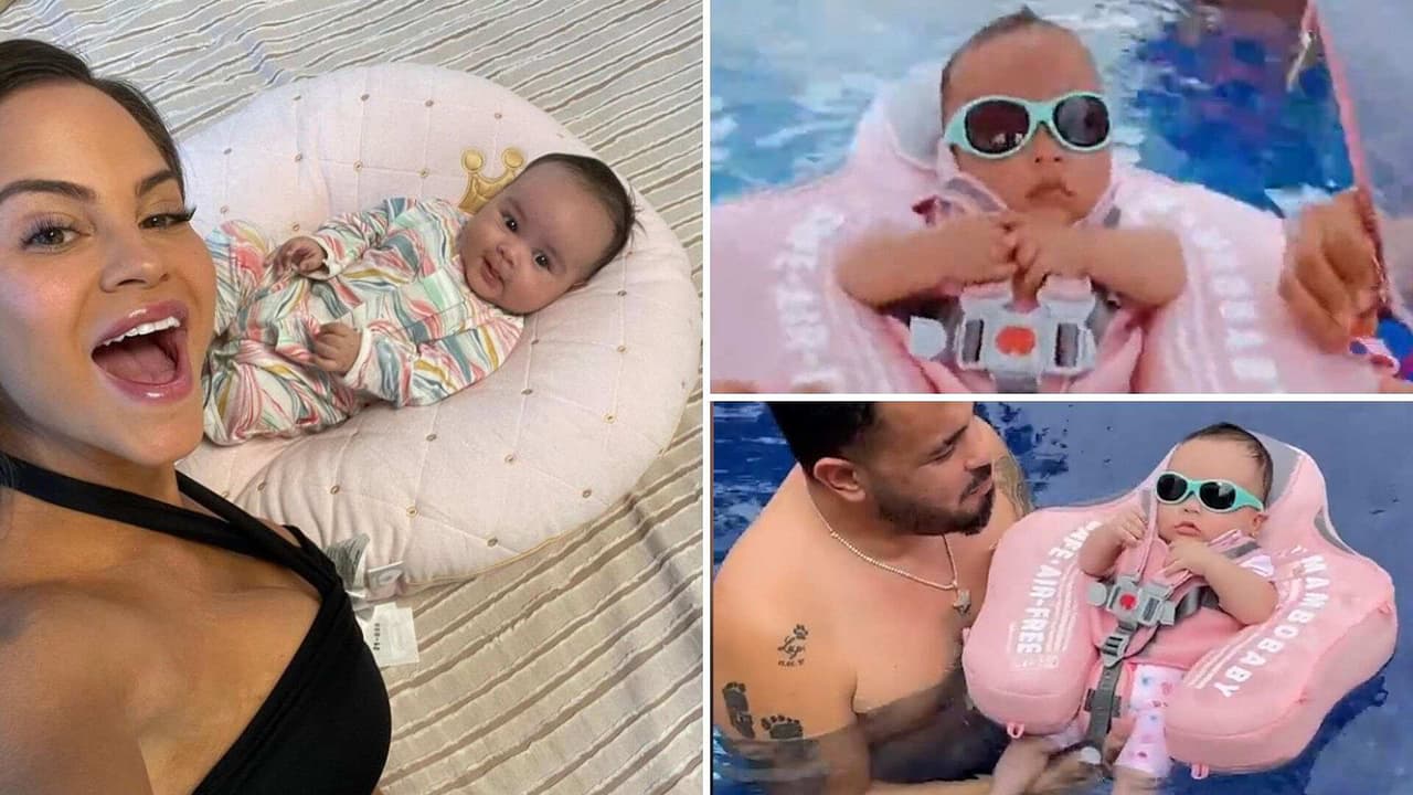 Bebé de Natti Natasha nada en la alberca con adorable salvavidas que le regaló Daddy Yankee