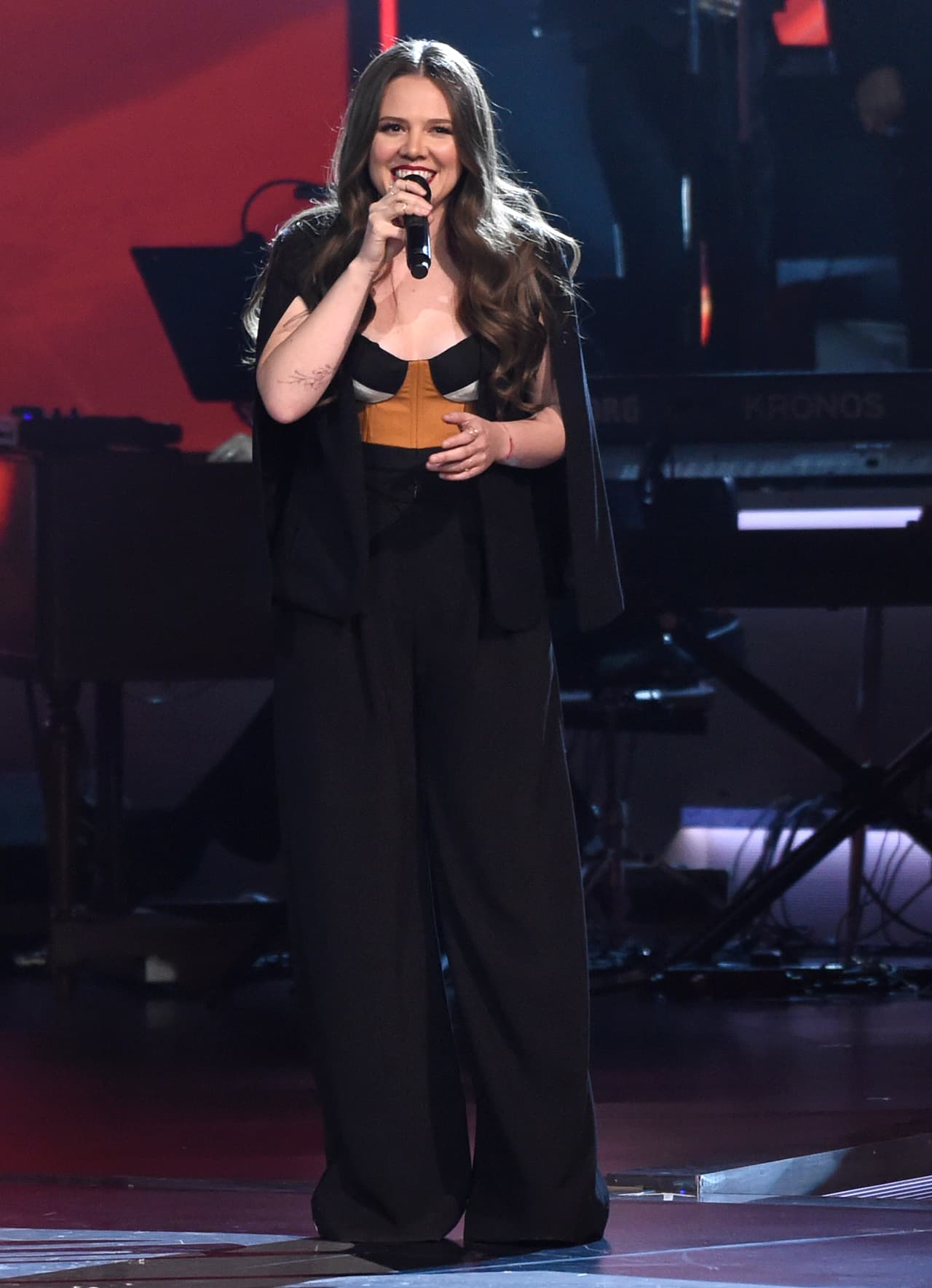 Joy Huerta, of Jesse & Joy, performs "Siempre Es De Noche" at the Latin Recording Academy Person of the Year tribute honoring Alejandro Sanz at the Mandalay Bay Convention Center on Wednesday, Nov. 15, 2017, in Las Vegas. (Photo by Chris Pizzello/Invision/AP)
