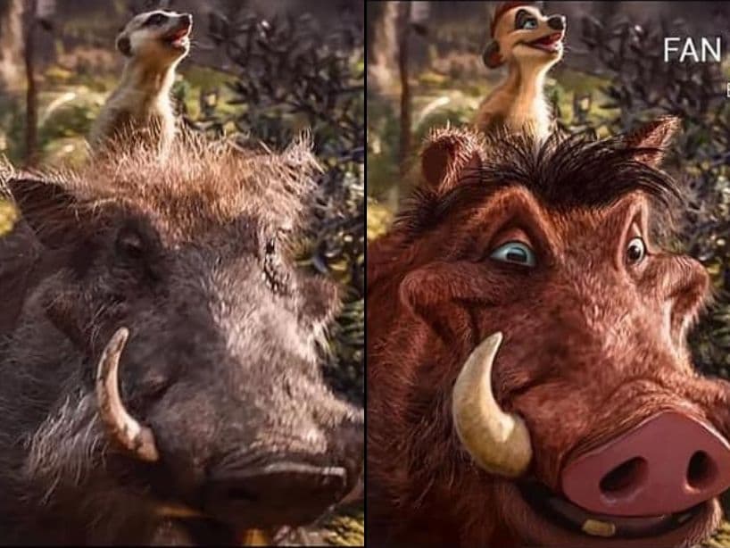 Timón y Pumba son de los personajes hechos por Nikolay Mochkin que más gustaron a los fans, pues los ojos y colores en la nueva versión cambiaron de manera radical.