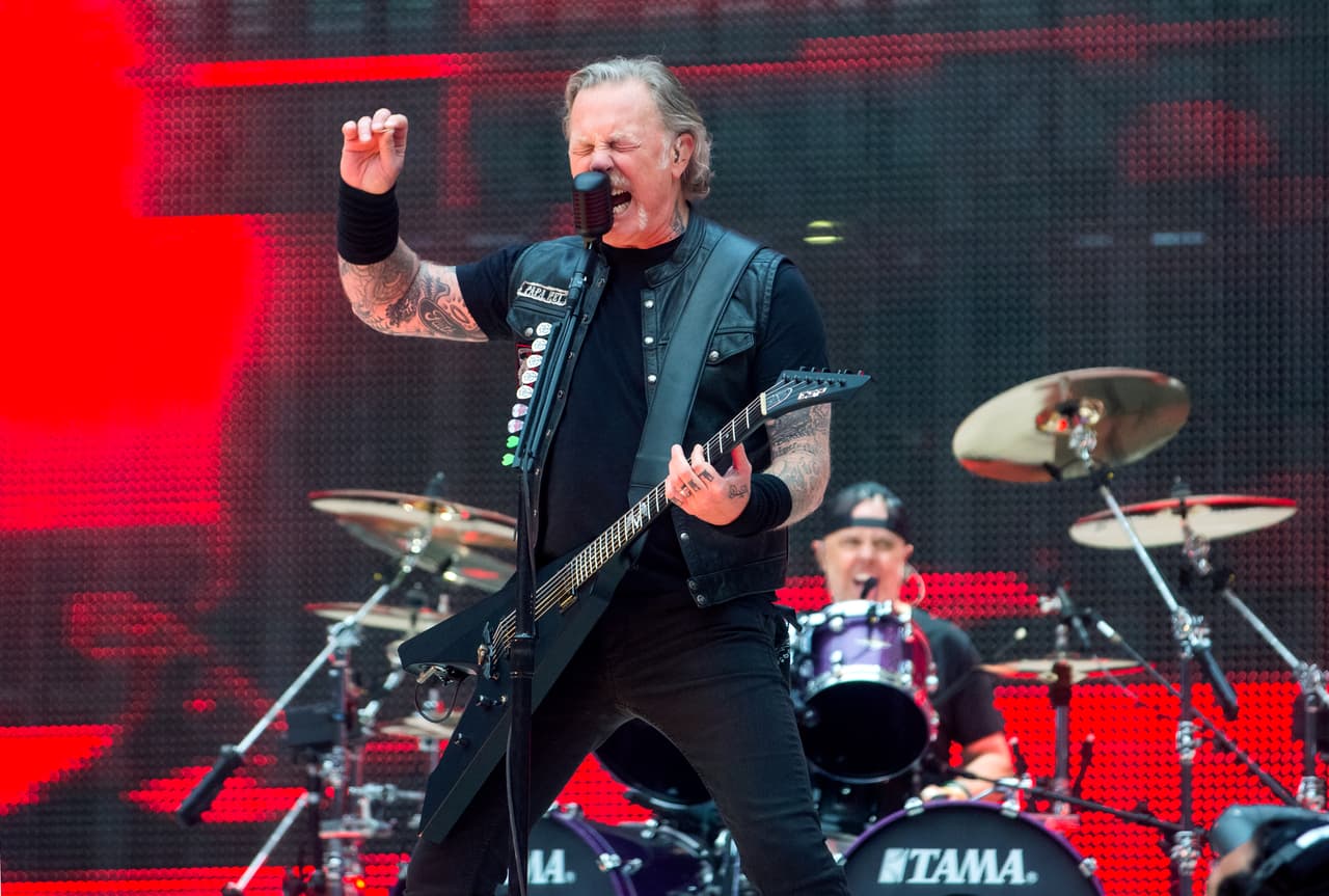 LONDON, ENGLAND - JUNE 20: James Hetfield (L) and Lars Ulrich of Metallica perform on stage at Twickenham Stadium on June 20, 2019 in London, England. (Photo by Matthew Baker/Getty Images)