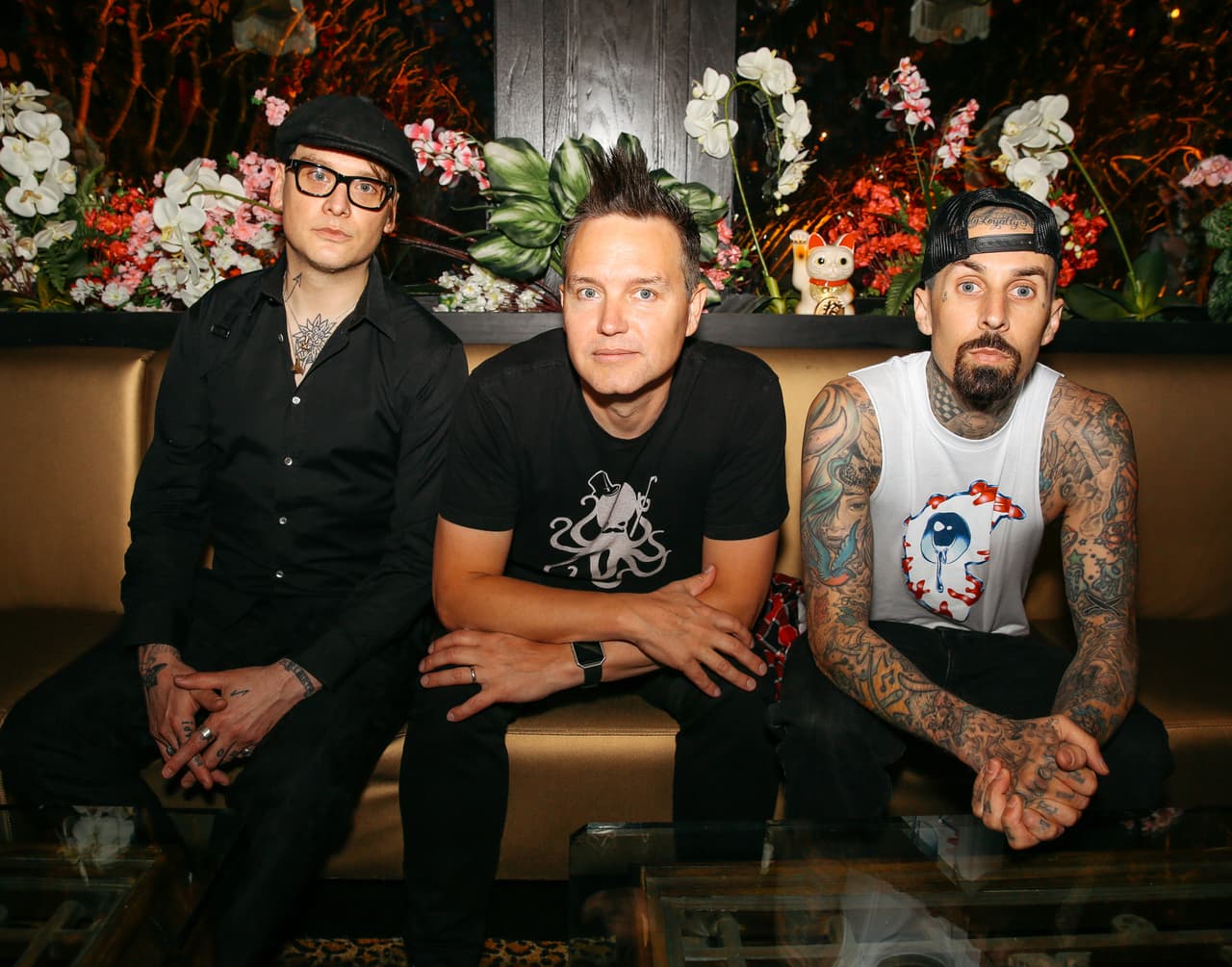 WEST HOLLYWOOD, CA - APRIL 28: Matt Skiba, Mark Hoppus and Travis Barker of Blink 182 attend the Blink 182-Karaoke Summer Tour Announcement at the Blind Dragon on April 28, 2016 in West Hollywood, California. (Photo by Brian Gove/WireImage)