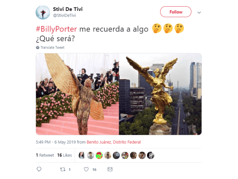 El actor de teatro y cantante Billy Porter sorprendió a muchos con su outfit, pero otros pensaron en el Ángel de la Independencia de la CDMX.