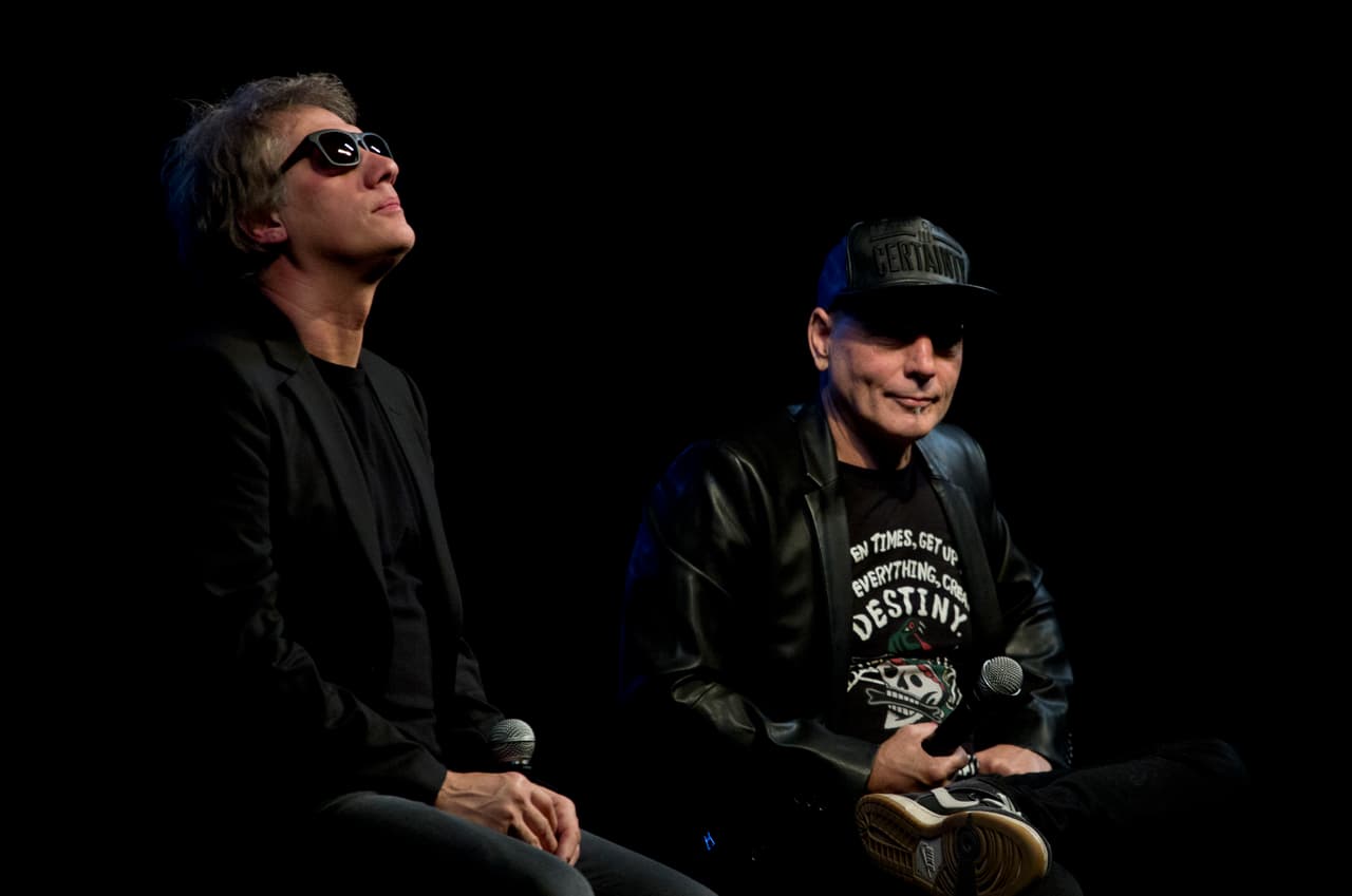 Soda Stereo band members Charly Alberti, left, and Zeta Bosio give a news conference in Mexico City, Tuesday, April 25, 2017, to promote their show "Soda Stereo Séptimo Dia, No descansare, by Cirque Du Soleil." (AP Photo/Eduardo Verdugo)