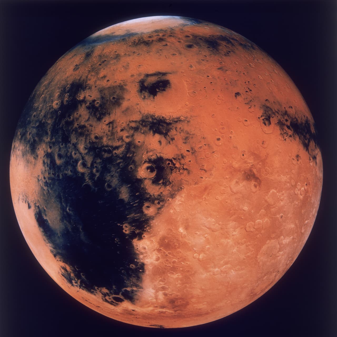 A mosaic of the Schiaparelli Hemisphere of the planet Mars, showing the Schiaparelli Crater, circa 1980. (Photo by Space Frontiers/Hulton Archive/Getty Images)