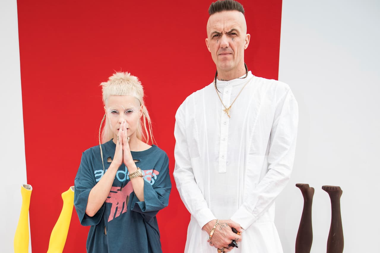 Musicians Watkin Tudor Jones a.k.a. Ninja and Yolandi Visser of Die Antwoord pose for photographers before the Andreas Kronthaler for Vivienne Westwood ready-to-wear fall/winter 2018/2019 fashion week runway show in Paris, Saturday, March 3, 2018. (Photo by Vianney Le Caer/Invision/AP)