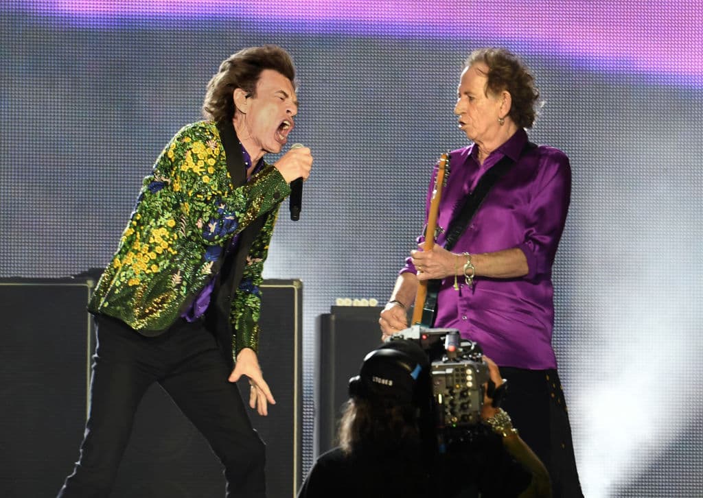 PASADENA, CALIFORNIA - AUGUST 22: Mick Jagger (L) and Keith Richards of The Rolling Stones perform onstage at Rose Bowl on August 22, 2019 in Pasadena, California. (Photo by Kevin Winter/Getty Images)