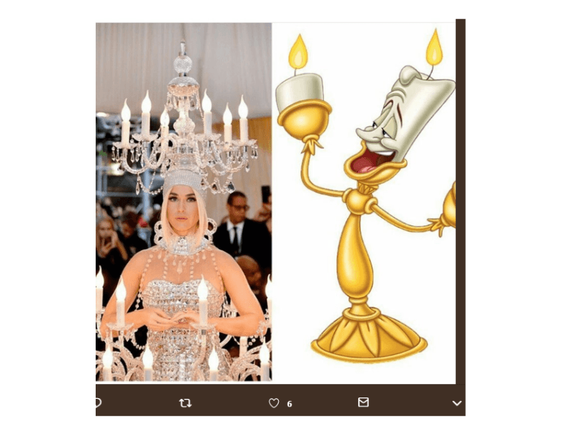 Katy Perry vistió como un candelabro en el evento que tuvo como temática la moda camp, que se caracteriza por ser muy extravagante. El look de la intérprete recordó a "Lumiere" de La Bella y la Bestia.