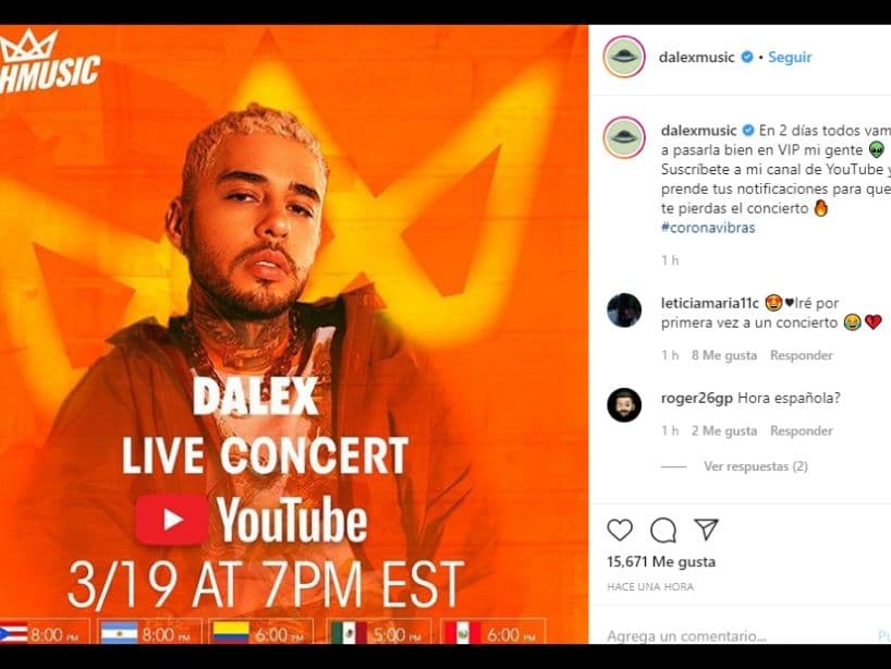 Dalex también tocará algunas canciones para sus fans en casa. El puertorriqueño ofrecerá un show vía Internet el jueves a las 19:00 horas de Miami y 17:00 horas de la Ciudad de México.