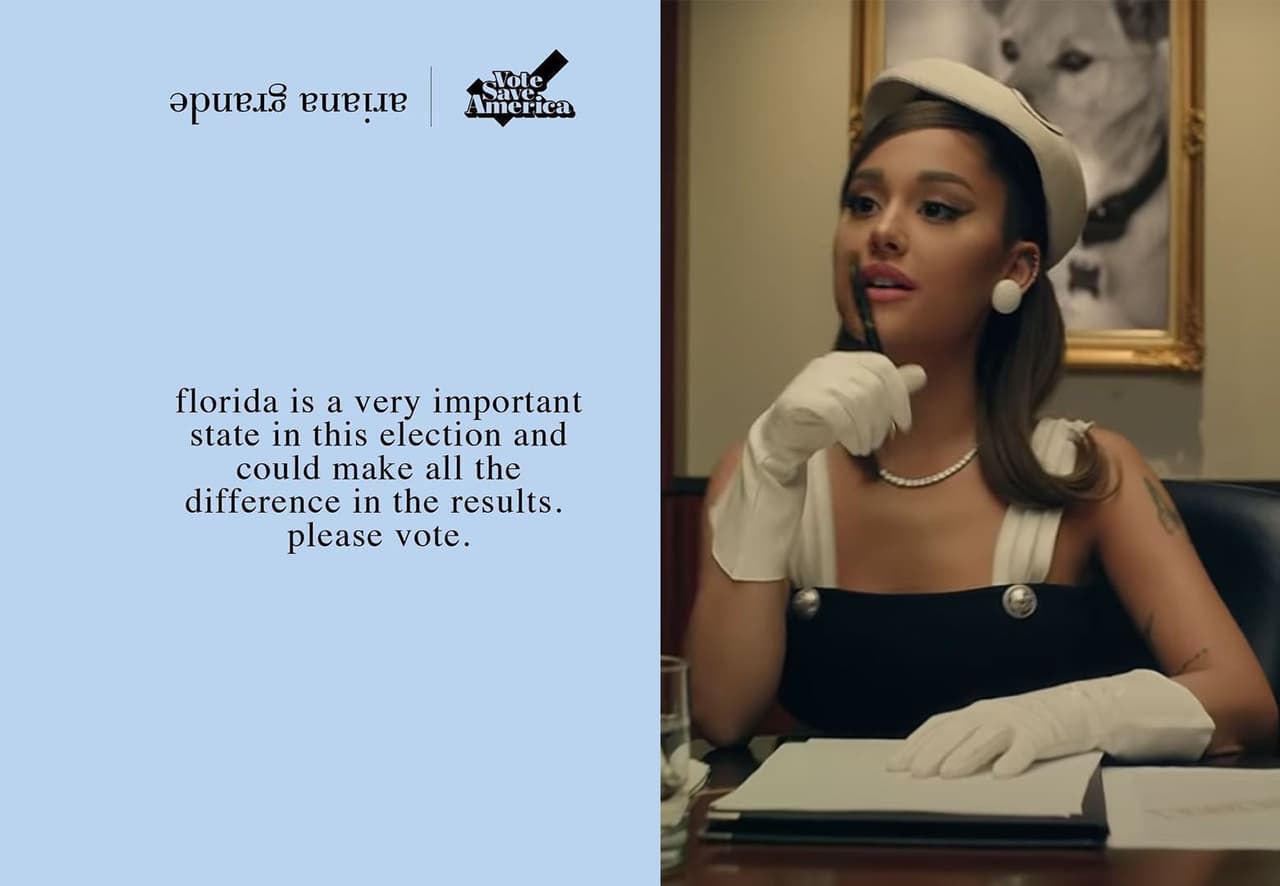 Ariana Grande comenzó promoviendo el voto en sus cuentas de redes sociales hace semanas. Publicando información sobre cómo y dónde votar, eventualmente dejó de ser tan sutil y empezó a escribir abiertamente que promovía esto como apoyo a Joe Biden, "Mañana es el día de la elección. ¡Guarden, compartan, voten! (por Biden) (ya no lo estoy pidiendo o alentándolos amablemente, les estoy rogando)" publicó en su IG.