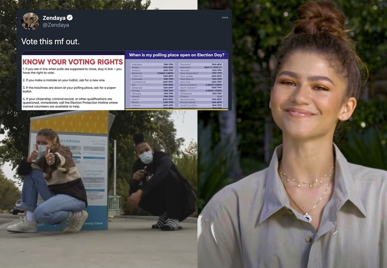 Zendaya ha estado compartiendo información para que todos sus seguidores conozcan sus derechos para votar y se informen sobre las elecciones. También subió un video en el que muestra cómo dejó su boleta en uno de los buzones especiales, además de tuitear "votemos por sacar a este cabr*n".