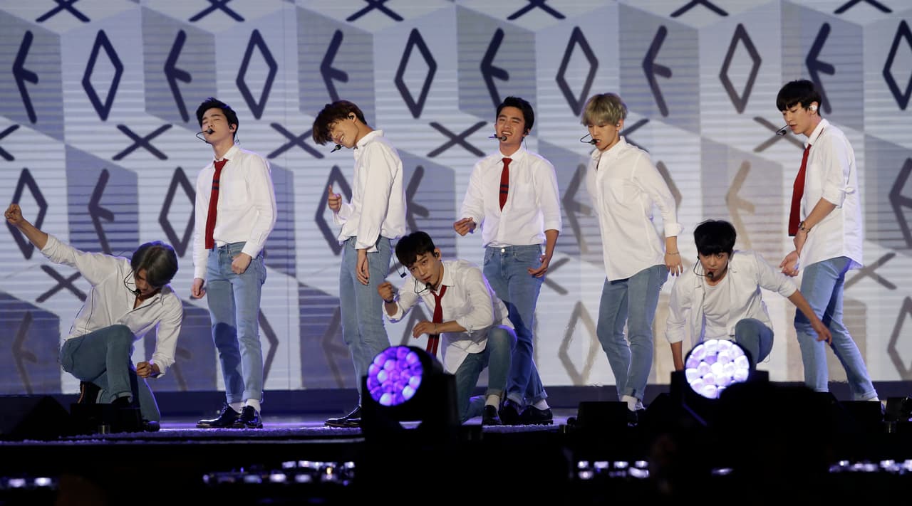 South Korean pop group EXO performs on the stage during the K-Pop Super Concert in Seoul, South Korea, Saturday, Sept. 5, 2015. (AP Photo/Ahn Young-joon)