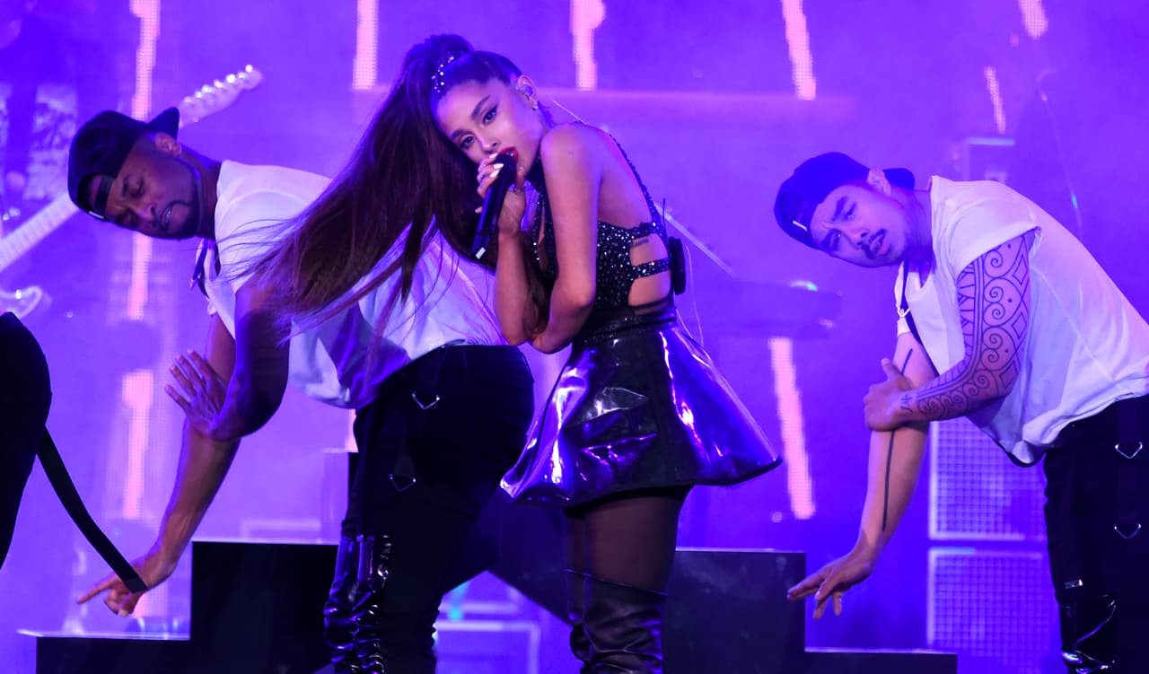 Ariana Grande, center, performs at Wango Tango at Banc of California Stadium on Saturday, June 2, 2018, in Los Angeles. (Photo by Chris Pizzello/Invision/AP)
