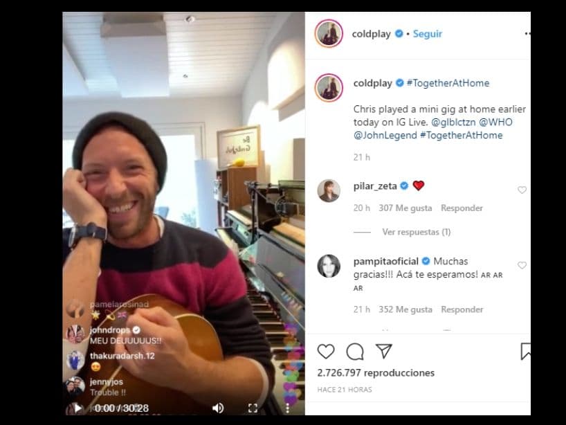 Para hacer más llevadero el encierro –tanto para sus fans como para los músicos—artistas de todo el mundo están haciendo conciertos a través de Internet y así aportar algo de arte a la cuarentena por el coronavirus. Uno de ellos fue Chris Martin de Coldplay, quien transmitió un show desde su Instagram.