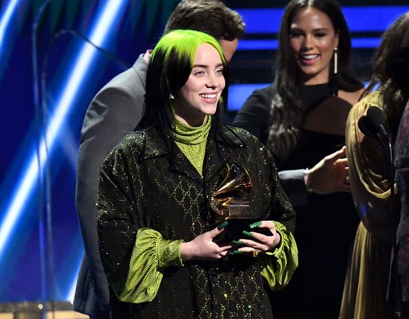 LOS ANGELES, CALIFORNIA - JANUARY 26: Billie Eilish accepts Song of the Year for 'Bad Guy' onstage during the 62nd Annual GRAMMY Awards at Staples Center on January 26, 2020 in Los Angeles, California. (Photo by Jeff Kravitz/FilmMagic)