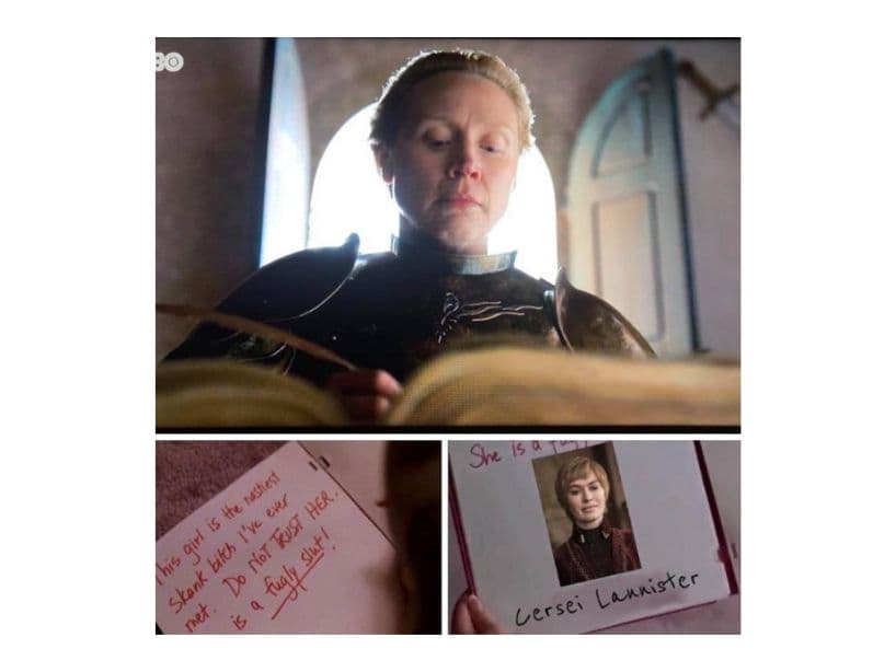 No faltó el humor. Este meme retoma una escena de Chicas Pesadas y el 'Burn Book' ('Libro del Mal') y lo relaciona con los celos que siente "Brienne de Tarth por "Cersei Lannister"