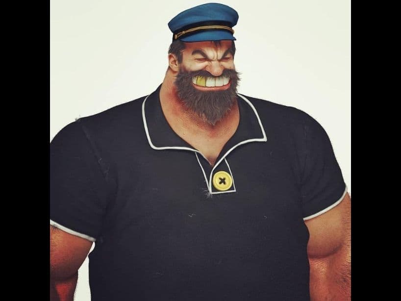 Brutus de 'Popeye El Marino'. Aunque Popeye y Oliva se ven más realistas en sus ilustraciones, Brutus sí se ve más cercano a una caricatura, aunque la textura y diseño lo hacen ver muy diferente al personaje original.