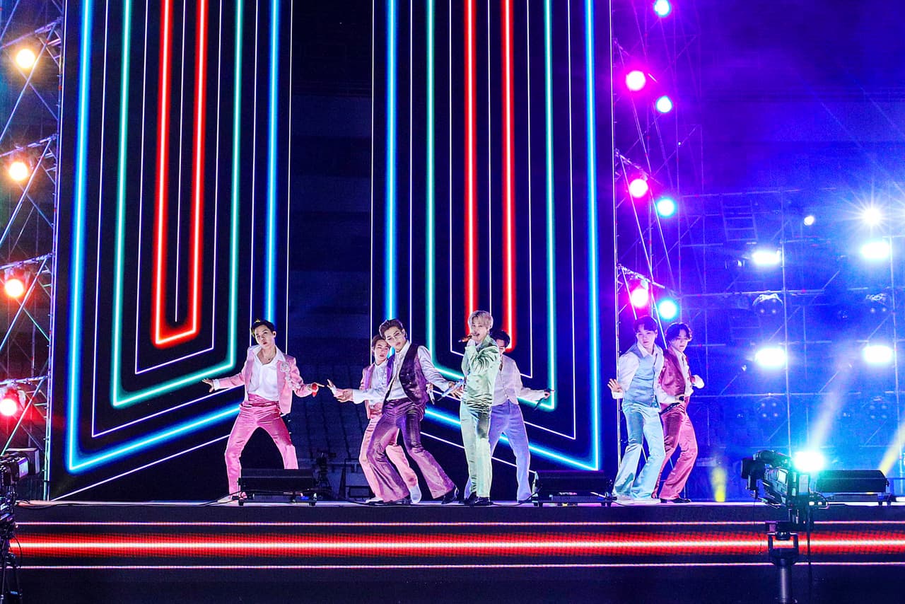 SOUTH KOREA - NOVEMBER 22: (EDITORIAL USE ONLY; NO BOOK COVERS.) In this image released on November 22, J-Hope, Jin, RM, Jimin, V, Suga, and Jungkook of BTS perform onstage for the 2020 American Music Awards on November 22, 2020 in South Korea. (Photo by Big Hit Entertainment/AMA2020/Getty Images via Getty Images)