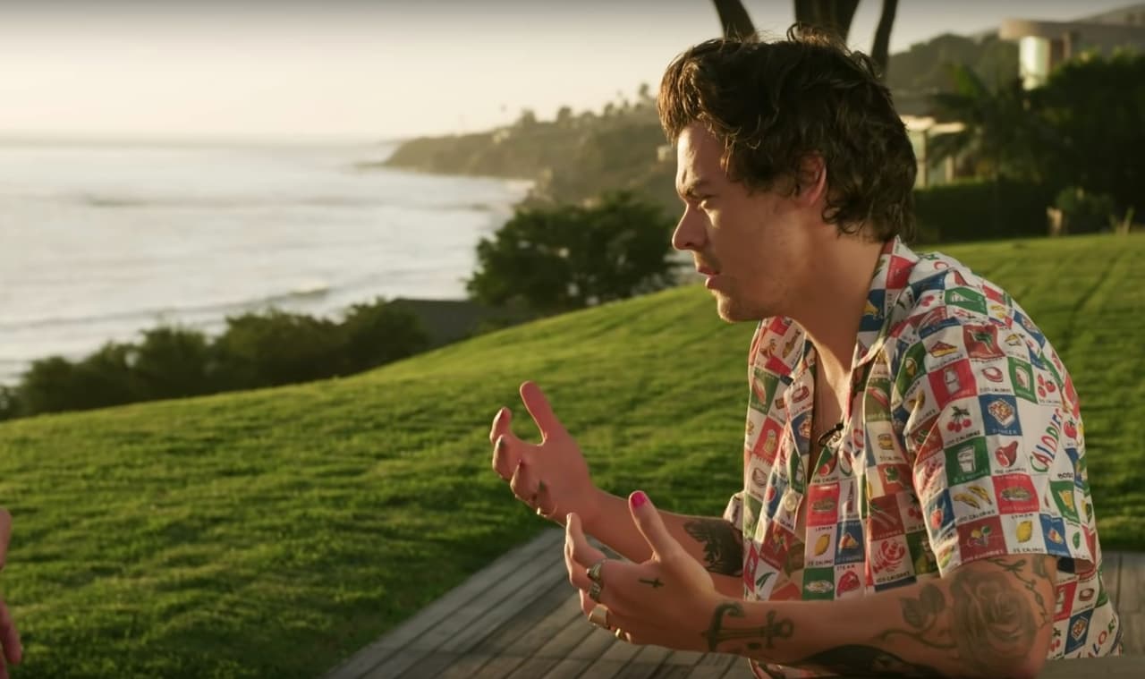 El regreso de Harry marcó un gran cambio en su forma de vestir. Aunque cuando presentó su primer álbum ya se había alejado bastante del estilo que tenía con One Direction, en esta producción el cambio es más evidente. Aún cuando no está usando trajes formales, Harry opta por ropa vintage, como en el caso de esta camisa Bode: Louie calorie-print, que vistió durante una entrevista para Apple Music.