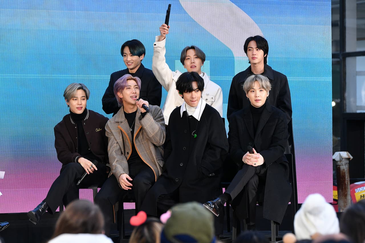 NEW YORK, NEW YORK - FEBRUARY 21: (L-R) Jimin, Jungkook, RM, J-Hope, V, Jin, and SUGA of the K-pop boy band BTS visit the "Today" Show at Rockefeller Plaza on February 21, 2020 in New York City. (Photo by Dia Dipasupil/Getty Images)