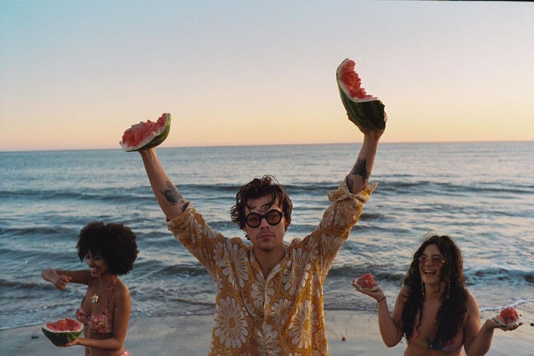 Incluso el look "hippie" y relajado que Harry muestra en el video de "Watermelon Sugar" es algo que te cuesta más o menos lo que un cuarto en renta en la Roma-Condesa. Esta camisa semi transparente floral de la marca Bode cuesta 528 dólares, es decir, un poquito más de 10,600 pesos.