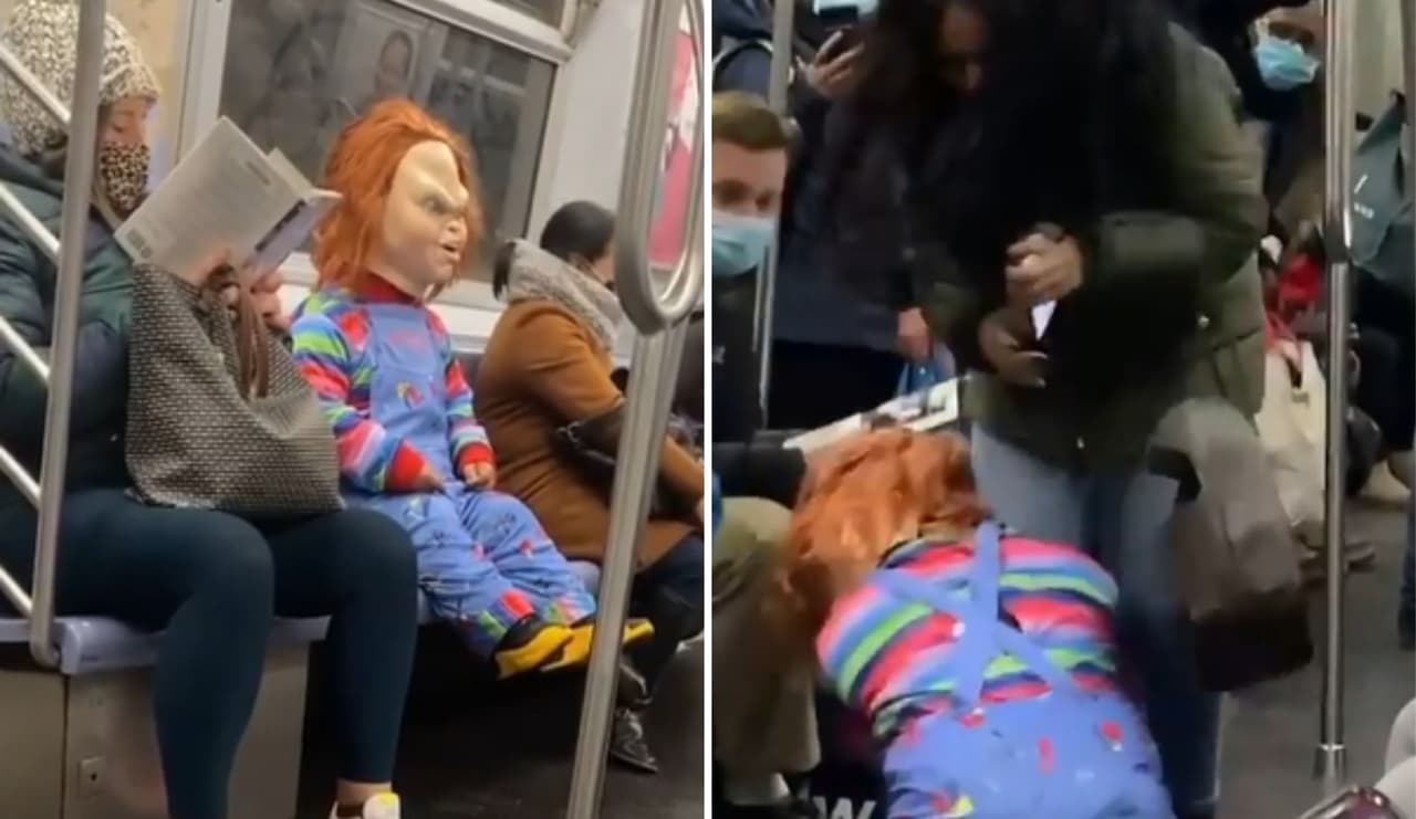 Un sujeto se disfrazó de Chucky para sorprender a quienes no lleven cubrebocas puesto en el metro