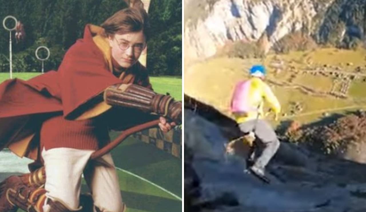 Desde una zona de Los Alpes, estos deportistas se lanzaron con una escoba como en Harry Potter