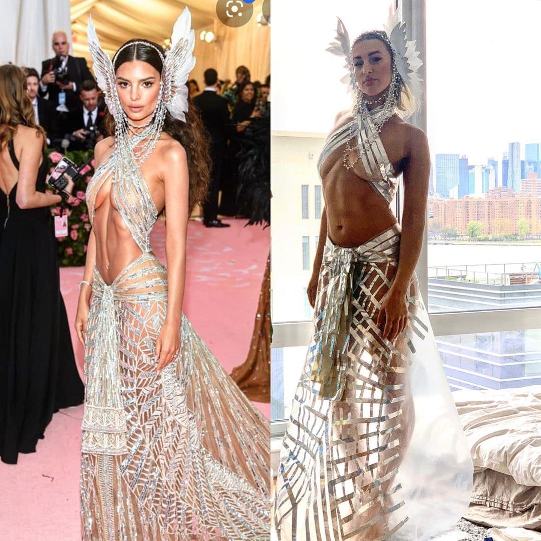 Conocida por su trabajo reinterpretando atuendos de alfombra roja, la influencer Sanja Nestorovic ofreció más de un look para el reto; aquí el que publicó de Emily Ratajkowski del 2019.