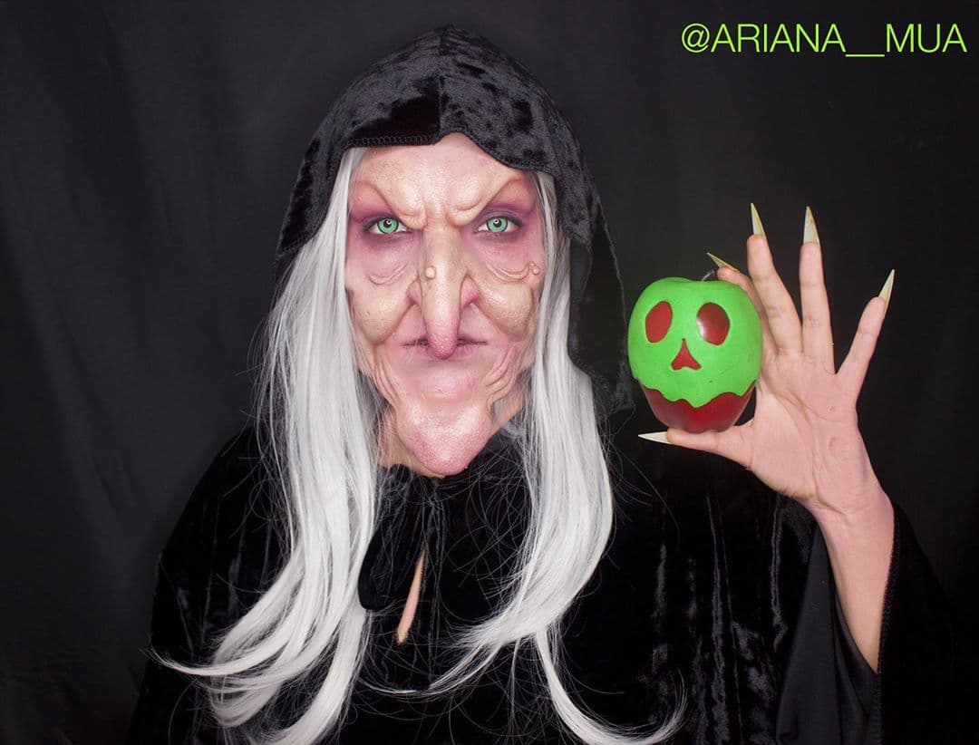 No hay duda de que el maquillaje es un arte, para muestra, esta versión extremadamente realista de la malvada bruja de Blancanieves, con todo y manzana envenenada.